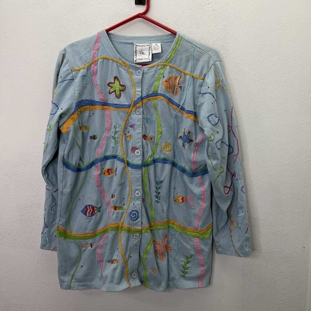 Y2K Vintage Michael Simon Fish Ocean Aquarium Cardigan Sweater Lightweight Sz M